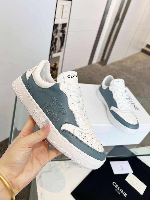 Celine Block Triomphe Leather Couple's Sneakers With Celine Logo Embossed On The