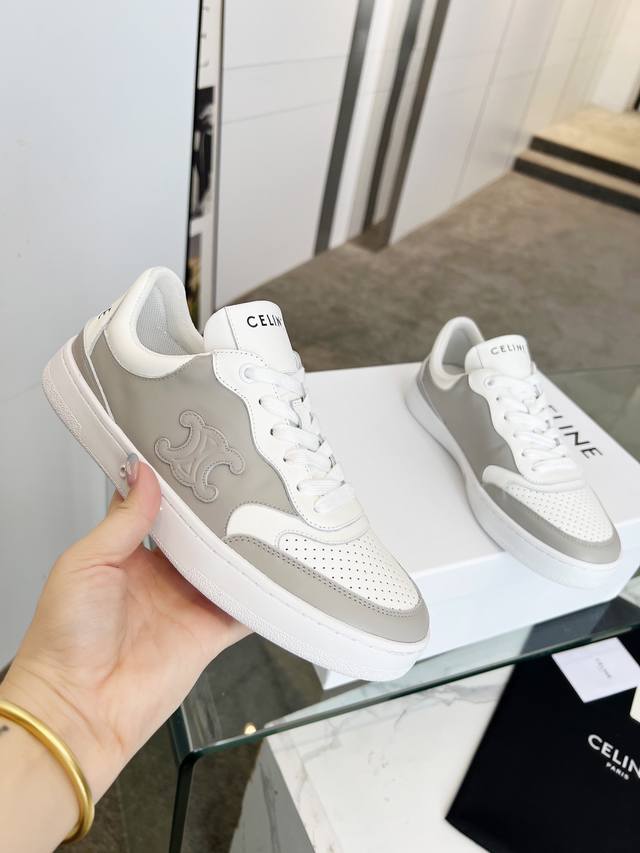 Celine Block Triomphe Cowhide Leather Couple's Sneakers With Celine Logo Embosse