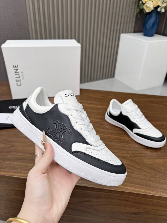 Celine Block Triomphe Cowhide Leather Couple's Sneakers With Celine Logo Embosse