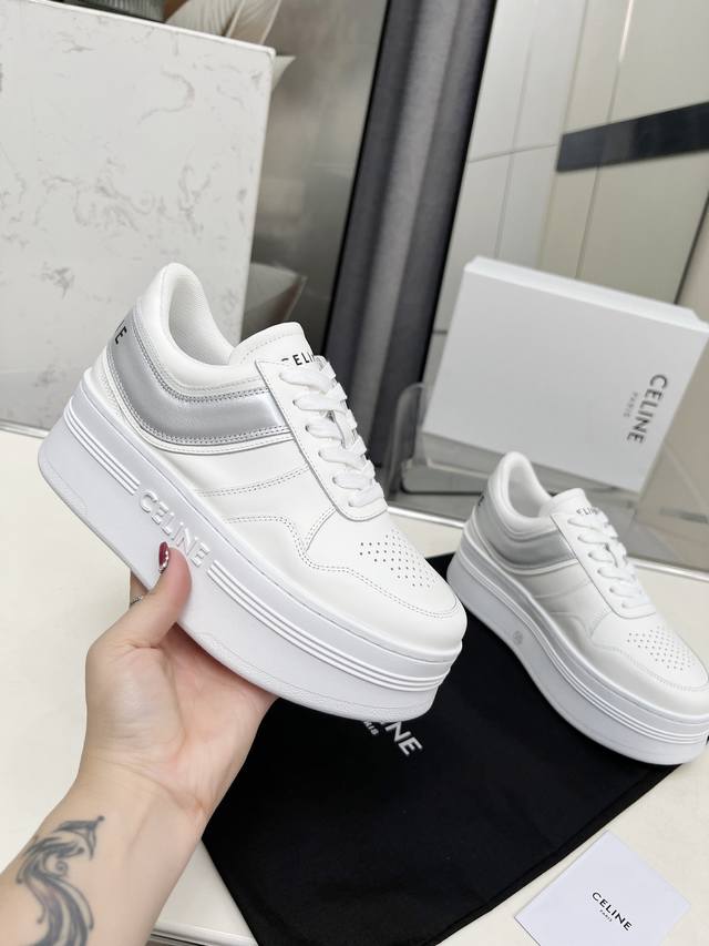 Celine Block Triomphe Full-Grain Leather Wedge Sneakers With Thick Soles, White