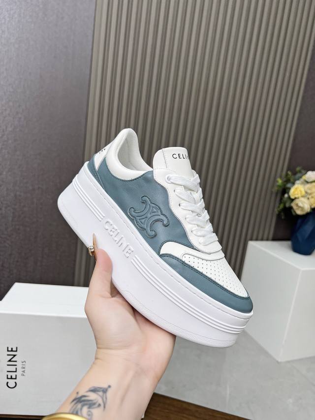 Celine Block Triomphe Leather Wedge Sneakers With Thick Soles, White Shoes, Celi