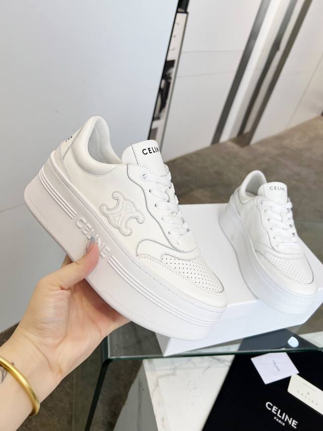 Celine Block Triomphe Leather Wedge Sneakers With Thick Soles, White Shoes, Celi