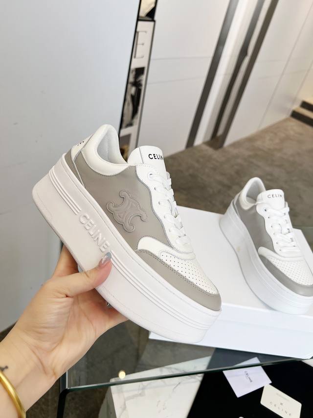 Celine Block Triomphe Leather Wedge Sneakers With Thick Soles, White Shoes, Celi