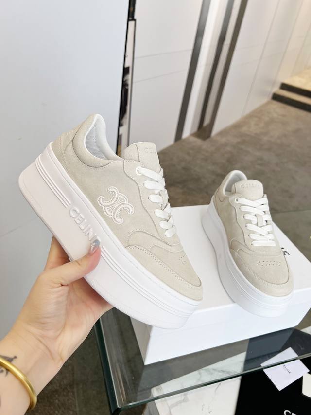 Celine Block Triomphe Leather Wedge Sneakers With Thick Soles, White Shoes, Celi