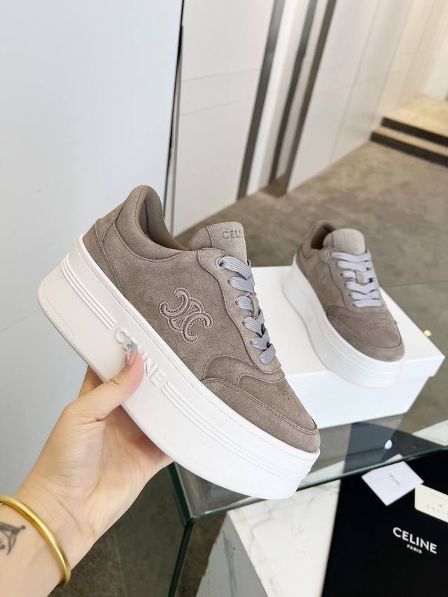 Celine Block Triomphe Cowhide Leather Wedge Sneakers Thick Sole White Sneakers W