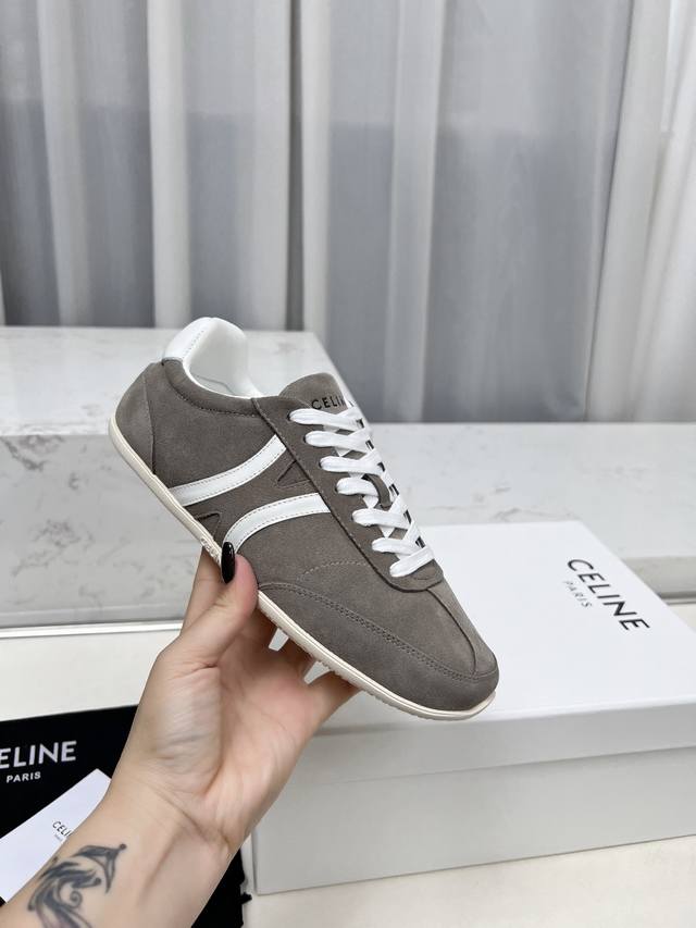 Celine Couple's Edition 35-45 Jogger Triomphe Logo Cowhide Leather And Suede Low