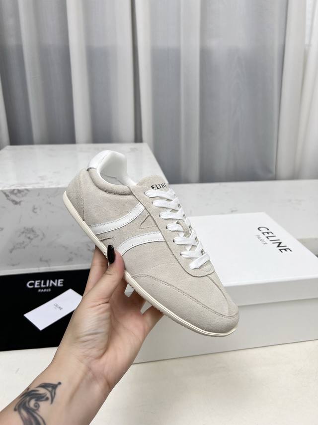Celine Couple's Edition 35-45 Jogger Triomphe Logo Cowhide Leather And Suede Low