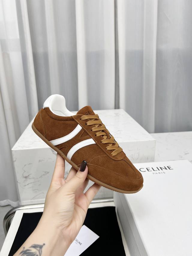 Celine Couple's Edition 35-45 Jogger Triomphe Logo Cowhide Leather And Suede Low
