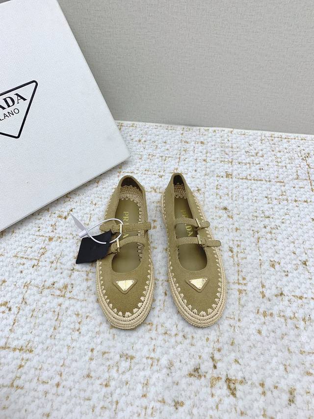 Factory Version High-End Prada 25 Latest Raffia-Woven Mary Jane Flat Shoes - Pre