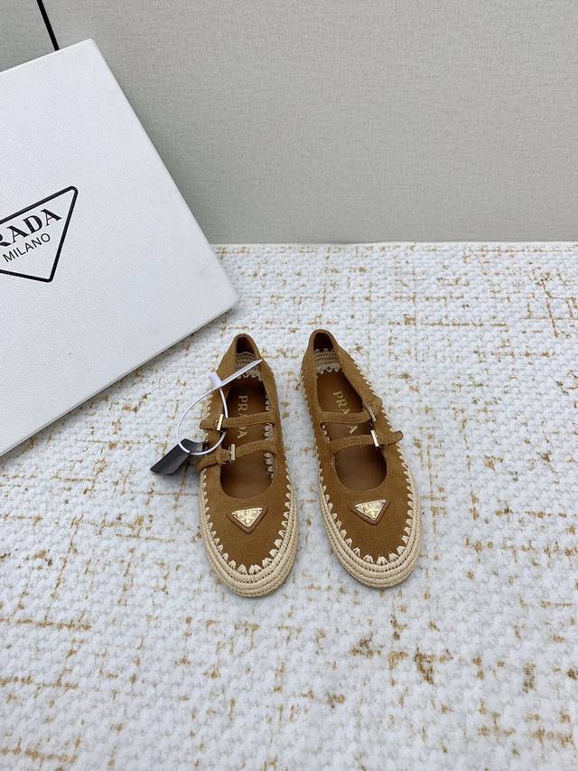 Factory-Made High-End Prada 25 Latest Raffia-Woven Mary Jane Flat Shoes, Premium