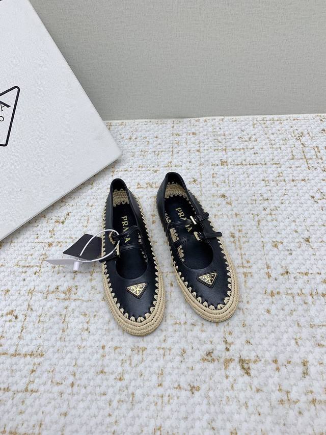 Factory-Direct High-End Prada 25 Latest Raffia-Woven Mary Jane Flat Shoes Premiu
