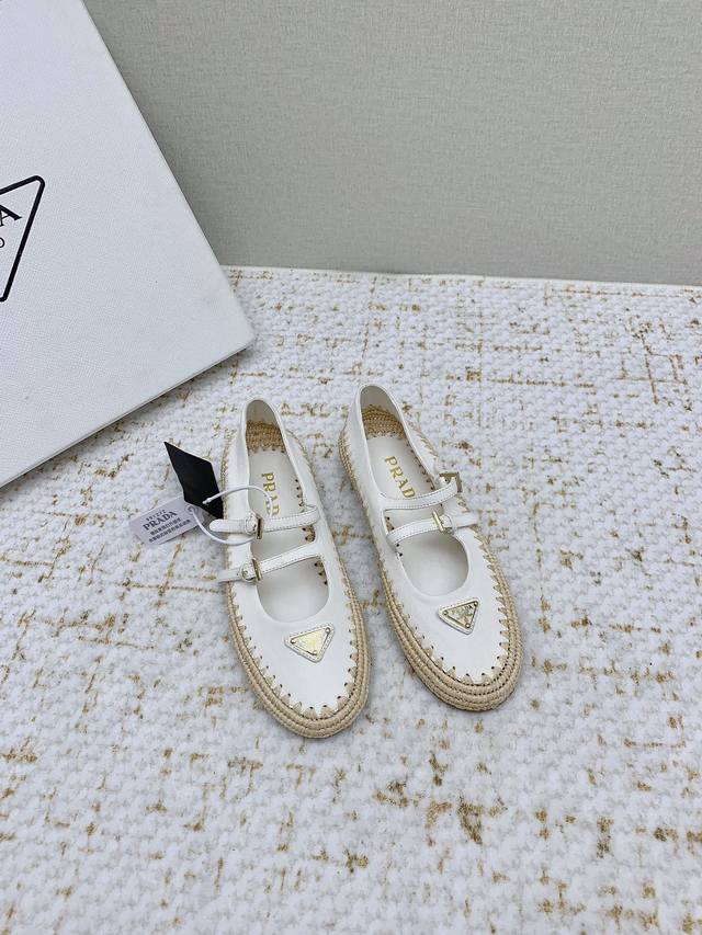 Factory-Direct High-End Prada 25 Latest Raffia-Woven Mary Jane Flat Shoes Premiu