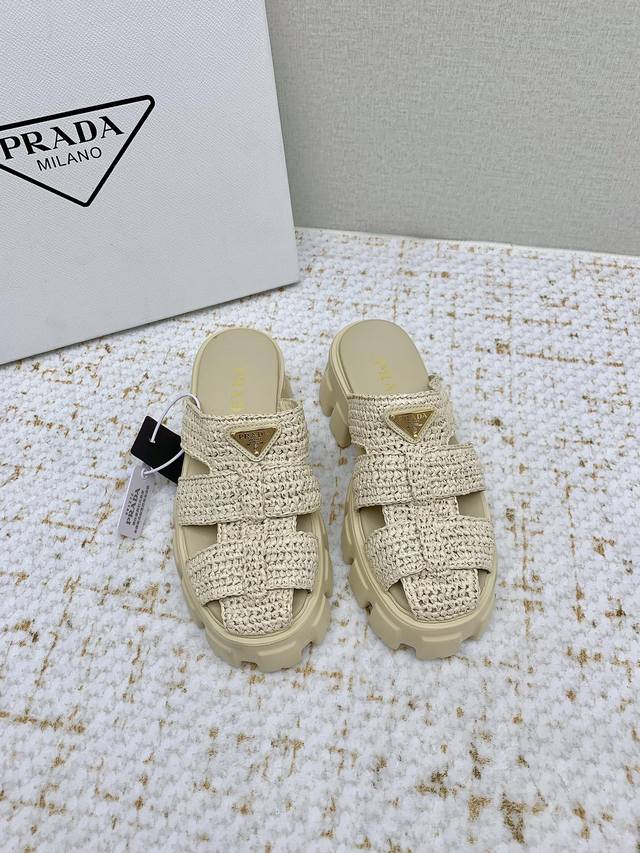 Factory-Made High-End Prada 25 New Roman-Woven Toe Cap Thick-Soled Platform Sand