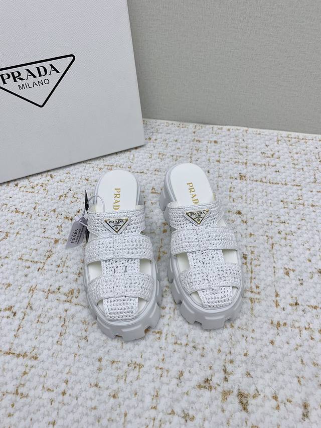 Factory-Made High-End Prada 25 New Roman-Woven Toe Cap, Thick-Soled Platform San