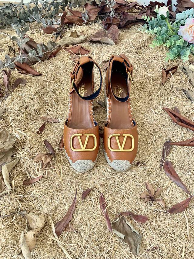Valentino Garavani Lychee Leather Lace-Up Wedge Heel Sandals With Large V-Shaped