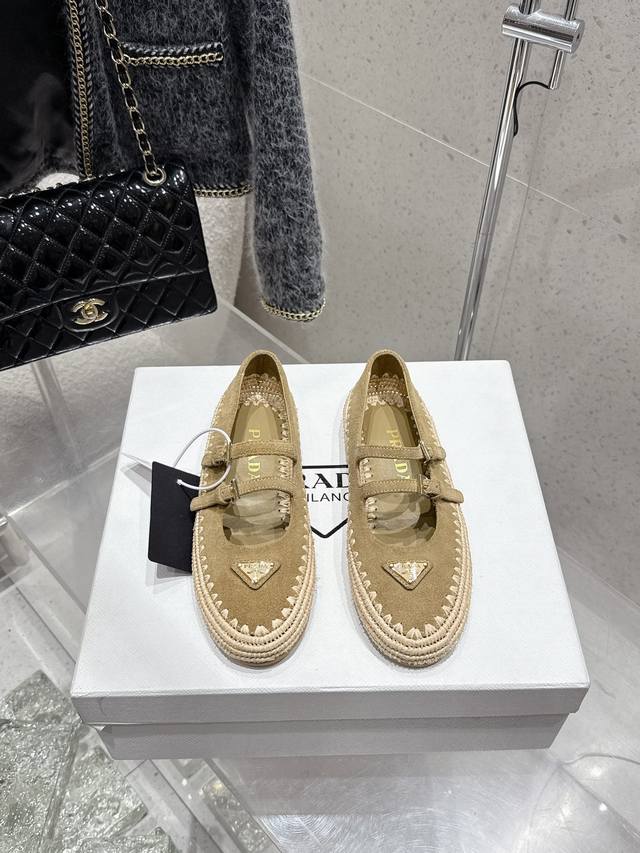 Premium Edition Prada 2025 New Classic Triangle Buckle Woven Fisherman Mary Jane