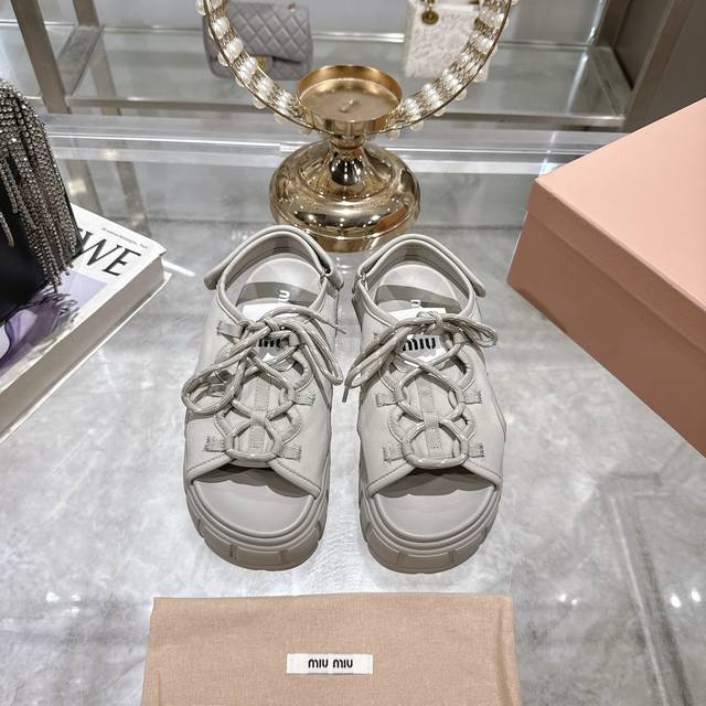 Factory-Direct Miu Miu New-Style Strappy Platform Thick-Soled Magic Tape Sandals