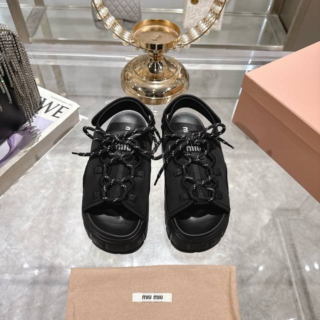 Factory-Direct Miu Miu New-Style Strappy Platform Thick-Soled Magic Tape Sandals
