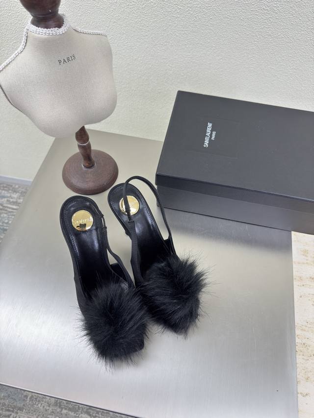 Ysl High Heels With Fur Pom-Poms, Export Classic Yvette Saint Laurent Logo, Blac