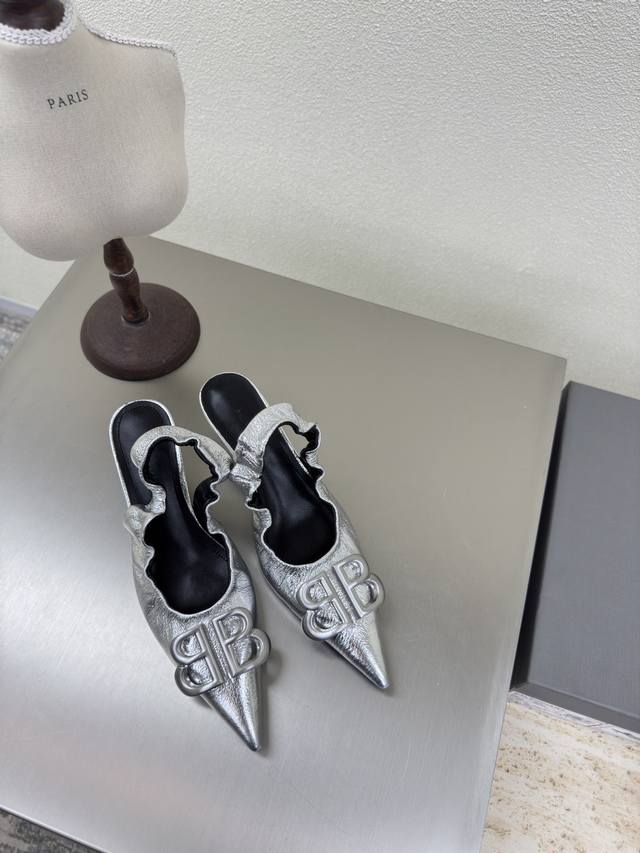 Classic Double B Back Open Pointed Toe Balenciaga Parisian Stomper Derby Silver