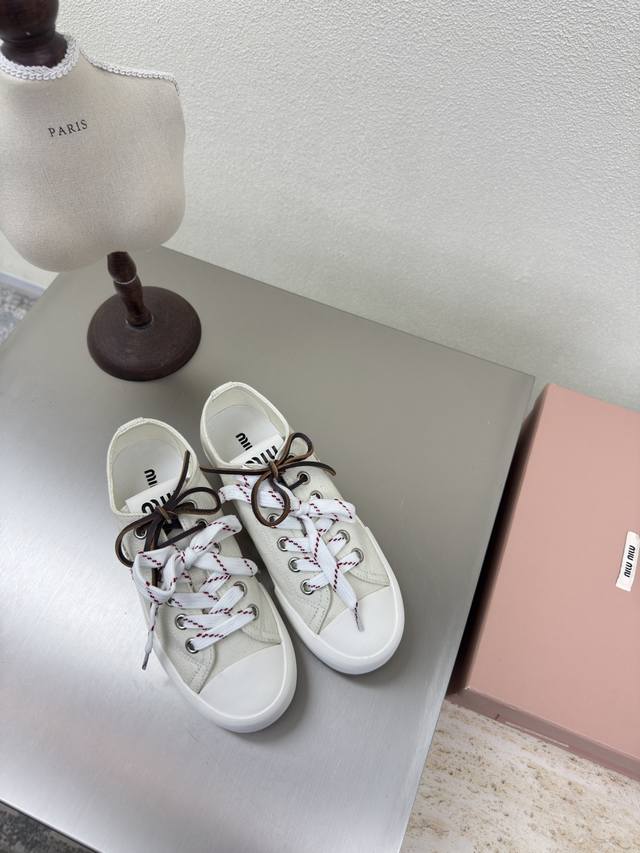 Miu'miu Canvas Skate Shoes, Washed Canvas, Side Logo, Authentic Design, White, F