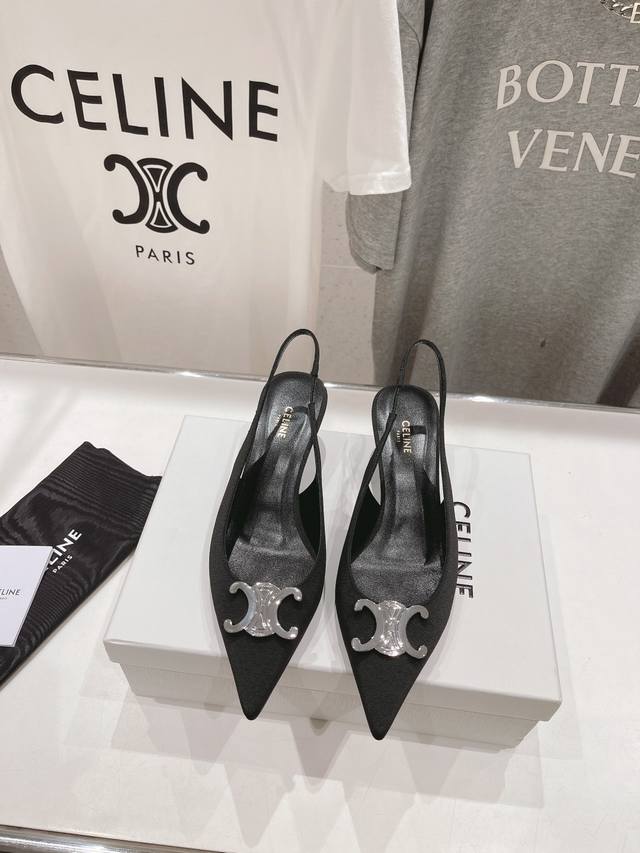 High-End Version, Celine 25Ss Early Spring Black And Silver Pointed-Toe Kitten-H