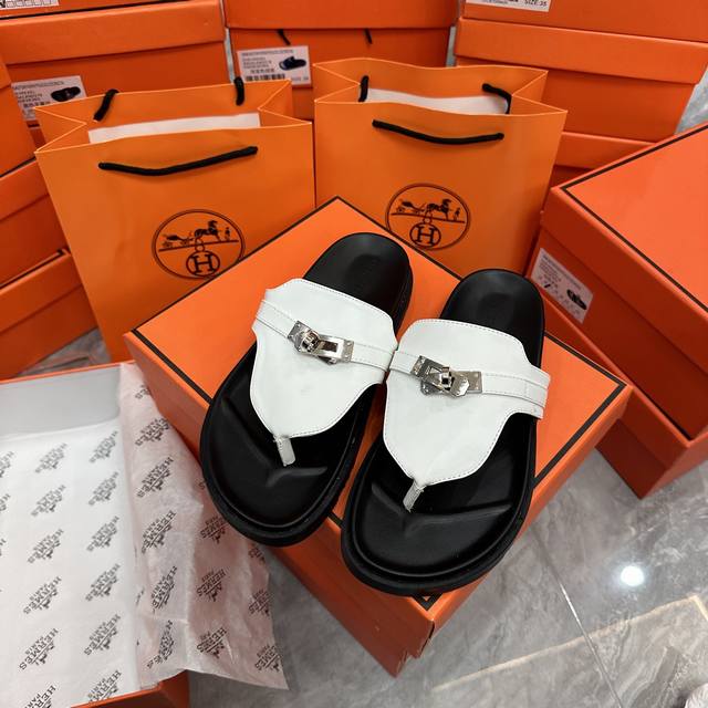 Factory: Herm S Kelly Buckle Thong Sandals White Sheepskin Actual Size: 35-43