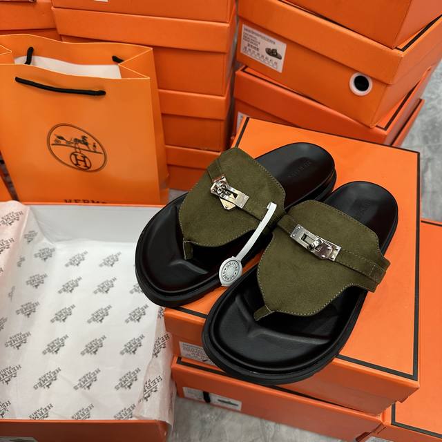 Factory: Herm S Kelly Buckle-Clip Toe-Post Sandals In Army Green Suede, Actual S