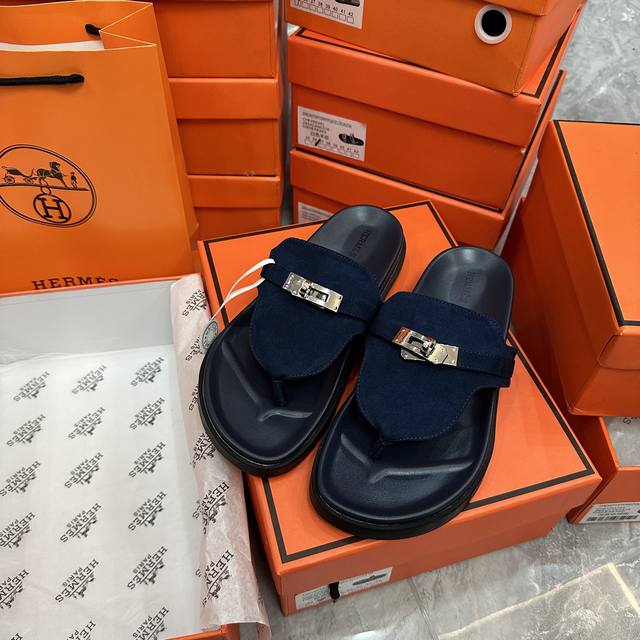 Factory: Herm S Kelly Buckle-Clip Thong Sandals In Deep Blue Suede, Actual Size: