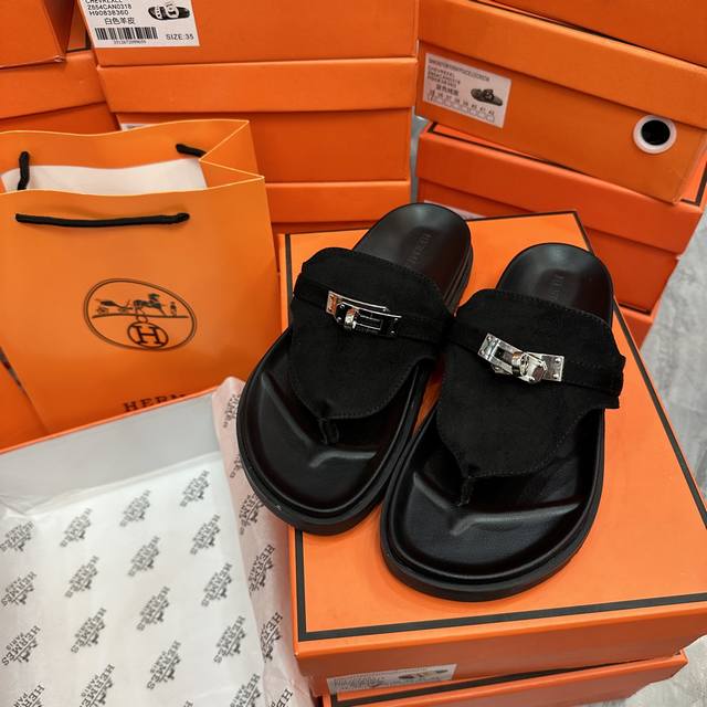 Factory: Herm S Kelly Buckle-Clip Thong Sandals In Black Suede, Actual Size: 35-