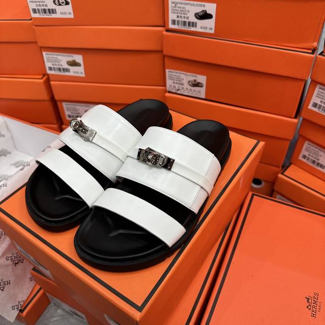 Factory: Herm S Kelly Buckle Flip-Flops White Leather Actual Size: 35-43