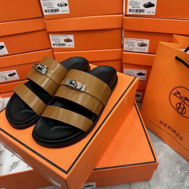 Factory: Herm S Kelly Buckle Flip-Flops Brown Leather Actual Size: 35-43