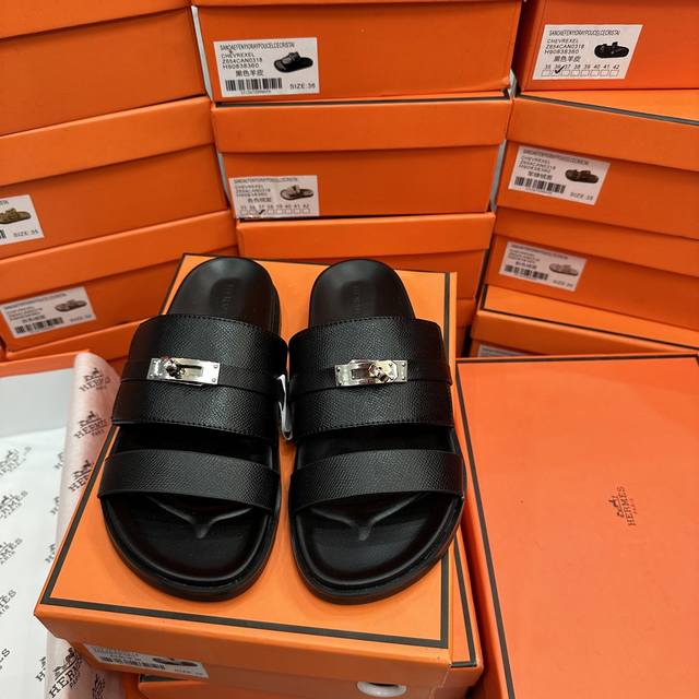Factory: Herm S Kelly Buckle Sandal Black Palm Print Actual Size: 35-43