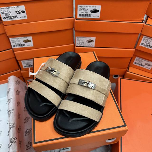 Factory: Herm S Kelly Buckle Slippers In Apricot Suede, Actual Size: 35-43