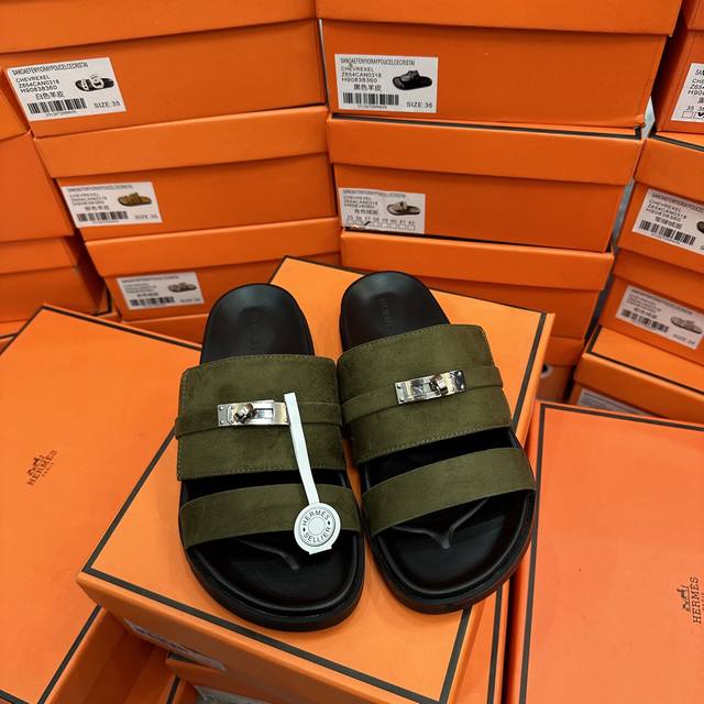 Factory: Herm S Kelly Buckle Slippers In Army Green Suede, Actual Size: 35-43