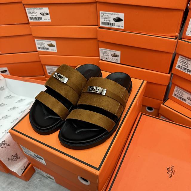Factory: Herm S Kelly Buckle Slippers Brown Velvet Actual Size: 35-43