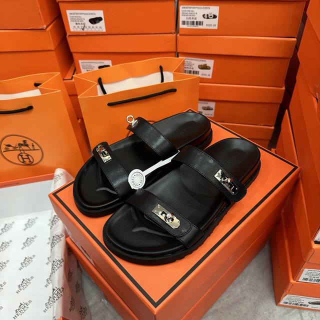 Factory: New Herm S Kelly Buckle Slippers Black Actual Size: 35-43