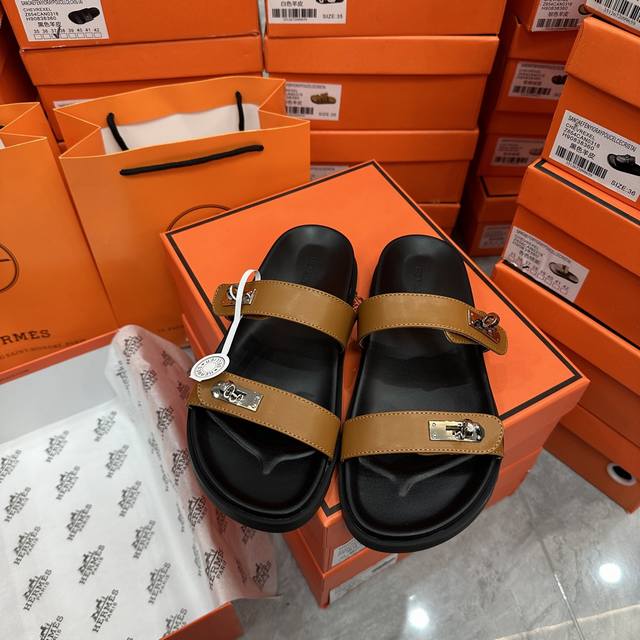 Factory: Herm S Kelly Buckle Slippers Brown Actual Size: 35-43