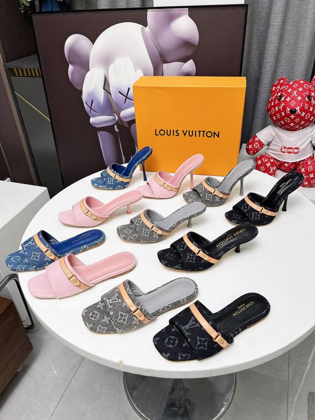 lv New Denim Kitten Heel Slippers 2025 Summer Goddesses' Must-Have Original R