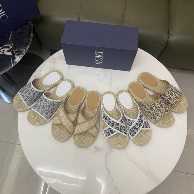 Dior Men's Slippers Upper Hand-Drawn Original Linen And Raw Rubber Sole Breathab