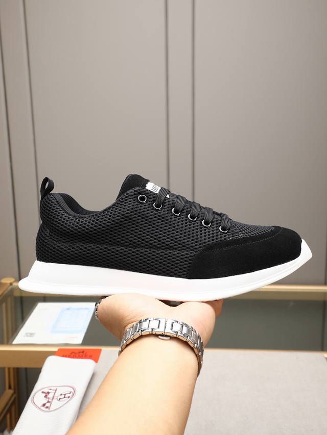 herme* Hermes Sports Shoes Men's Casual Sports Shoes Upper Cowhide Stitching