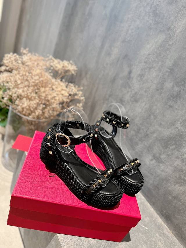 valentino Valentino High Version New Rivet Hemp Rope Braided Wedge Sandals. S