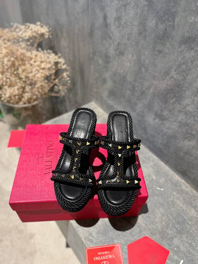 valentino Valentino High Version New Riveted Hemp Rope Woven Wedge Sandals. S