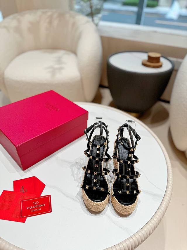 valentino New Valentino High Version Rivet Imported Raffia Woven Wedge Sandal
