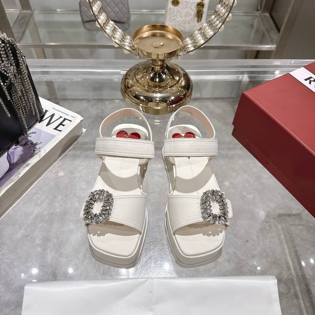 Factory New Diamond Buckle Pure Leather Imitation Platform Thick-Soled Sandals R