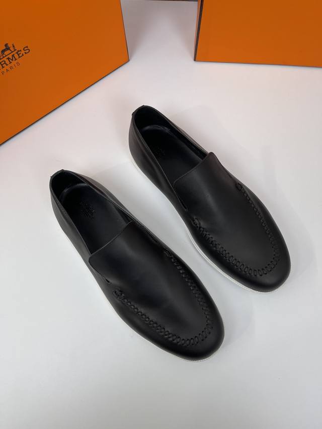 New Hermes Men's Casual Shoes Julian Black Calfskin Slip-On Loafers Classic Boot