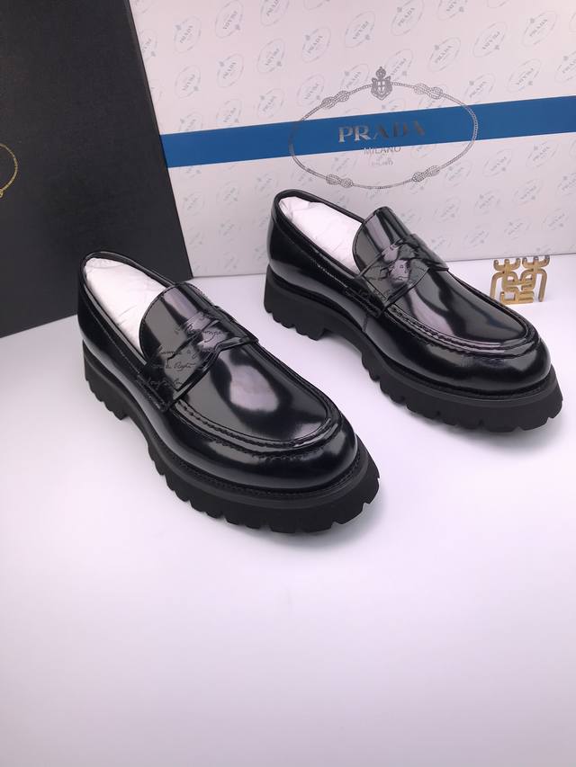 prad* Ultra-Light Thick-Soled Shiny Open-Edge Cowhide Business Leather Shoes