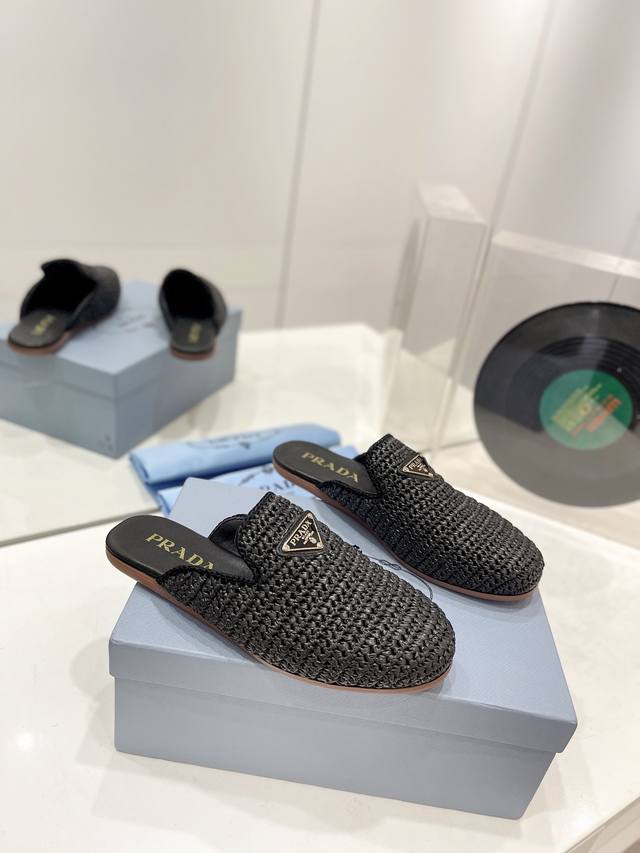 Factory Price P Prada New Woven Shoes Straw Woven Single Shoes This Year's Popul