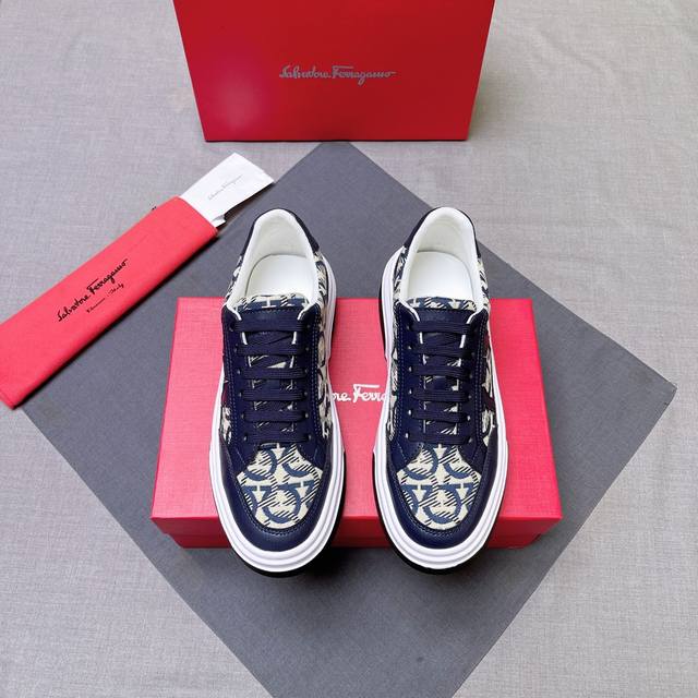 ferragamo New Men's Gancini Low-Top Sneaker Made From Suede And Calfskin Leat