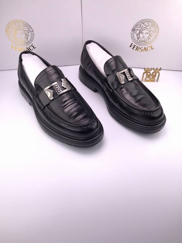 versac* Hand-Scratched Cowhide Pu Thick-Soled Business Leather Shoes Imported